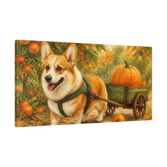 Main Mockup. Corgi Pets Pumpkin Cart shown as canvas print