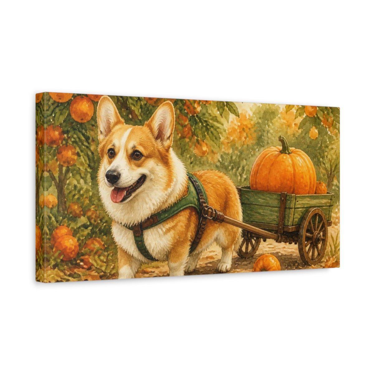 Side Mockup 3. Corgi Pets Pumpkin Cart shown as canvas print