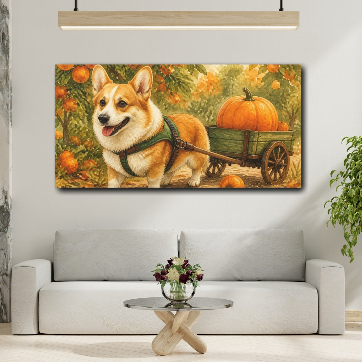 Mockup 2. Corgi Pets Pumpkin Cart shown as canvas print