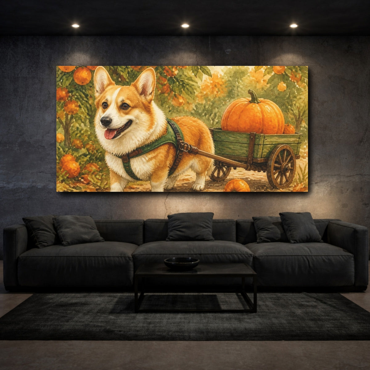 Mockup 3. Corgi Pets Pumpkin Cart shown as canvas print