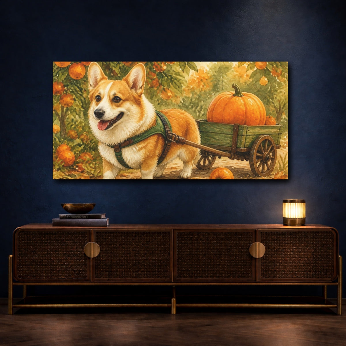 Mockup 4. Corgi Pets Pumpkin Cart shown as canvas print
