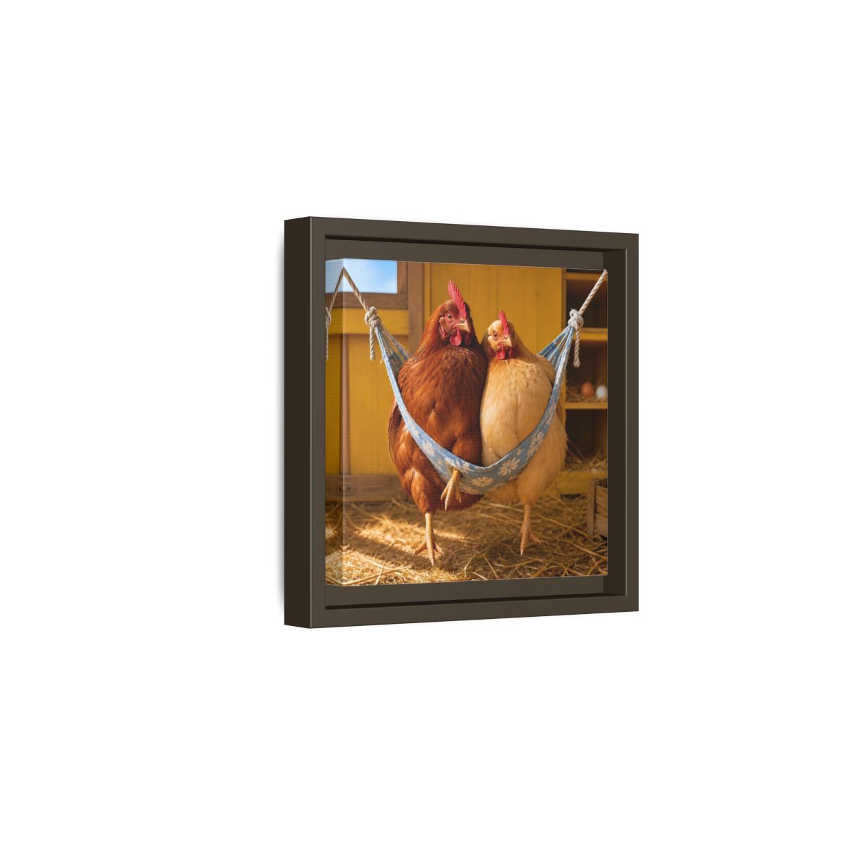 Side Mockup 2. Cozy Hammock Chickens shown as framed canvas print
