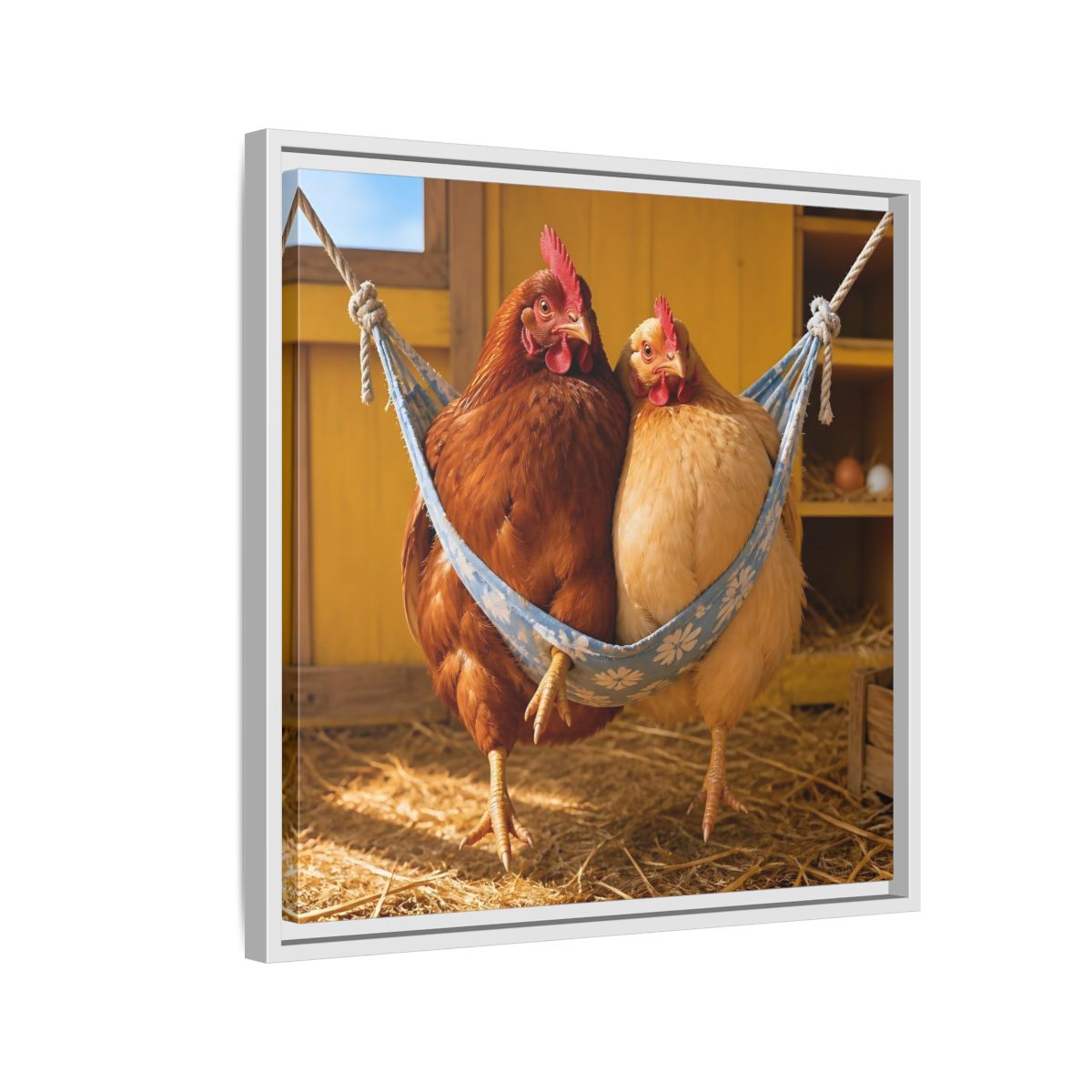 Side Mockup 10. Cozy Hammock Chickens shown as framed canvas print