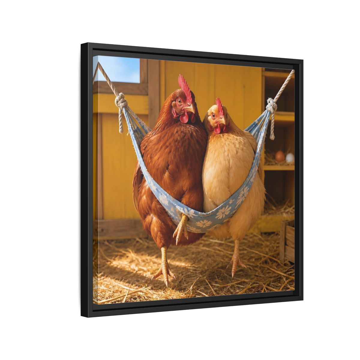 Side Mockup 12. Cozy Hammock Chickens shown as framed canvas print