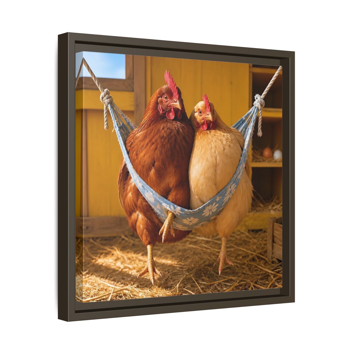 Side Mockup 29. Cozy Hammock Chickens shown as framed canvas print