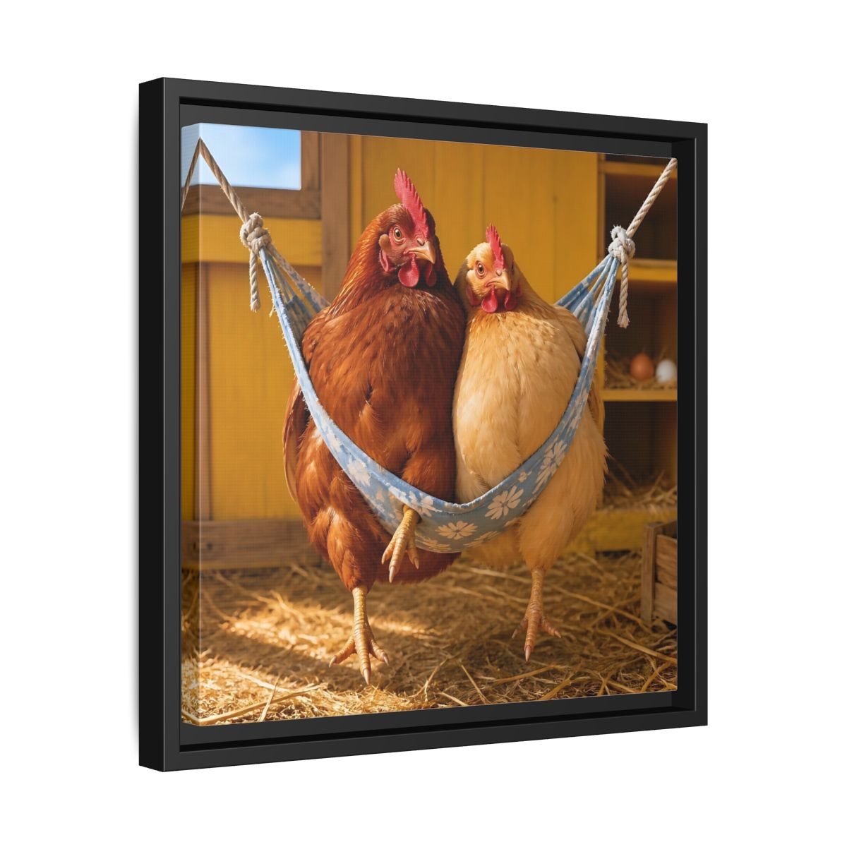 Side Mockup 32. Cozy Hammock Chickens shown as framed canvas print