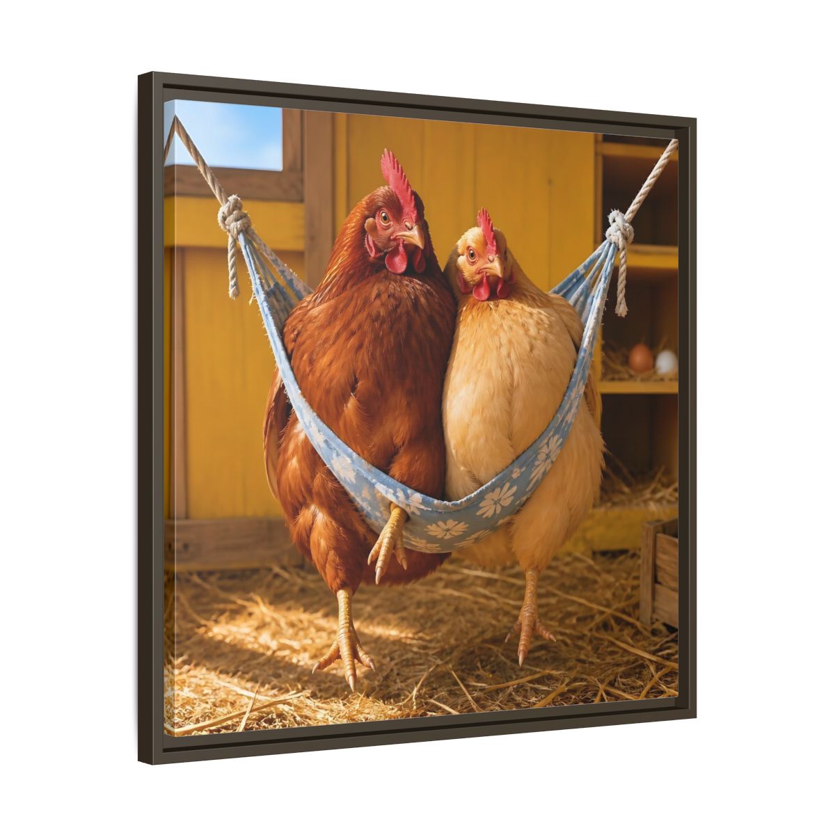 Side Mockup 27. Cozy Hammock Chickens shown as framed canvas print