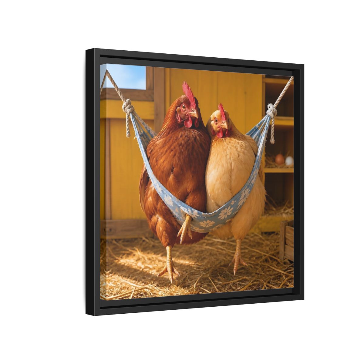 Side Mockup 15. Cozy Hammock Chickens shown as framed canvas print