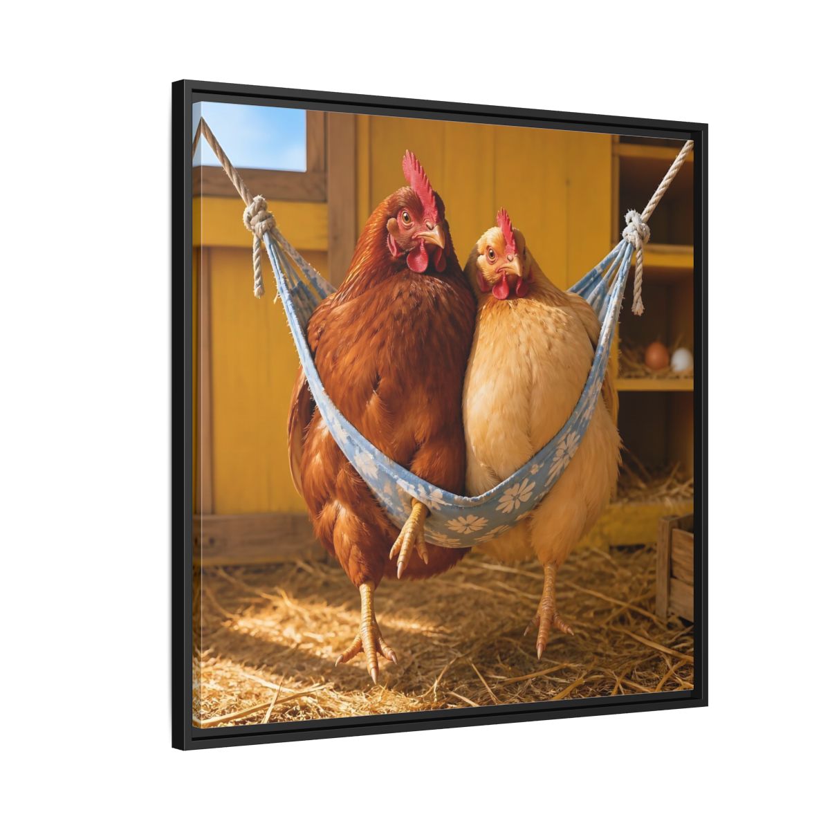 Side Mockup 9. Cozy Hammock Chickens shown as framed canvas print