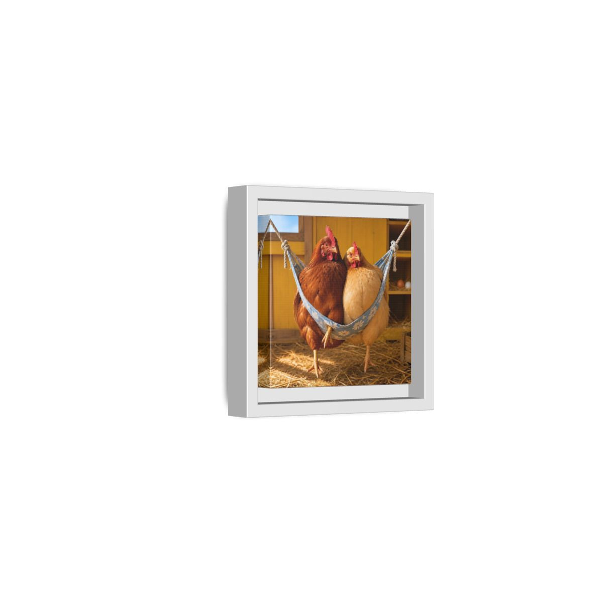 Side Mockup 22. Cozy Hammock Chickens shown as framed canvas print