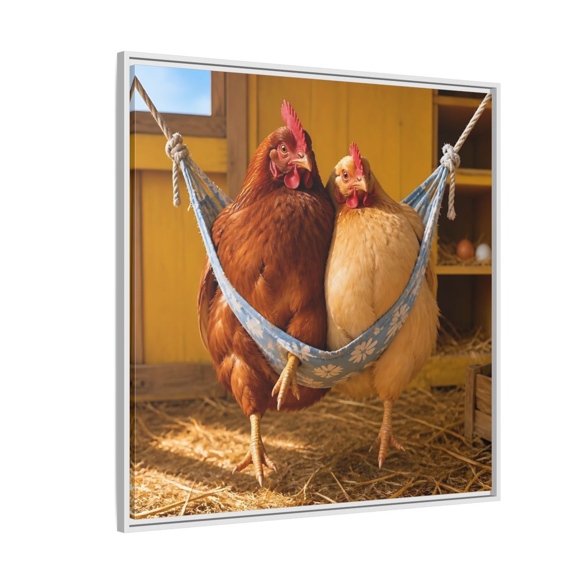 Side Mockup 4. Cozy Hammock Chickens shown as framed canvas print
