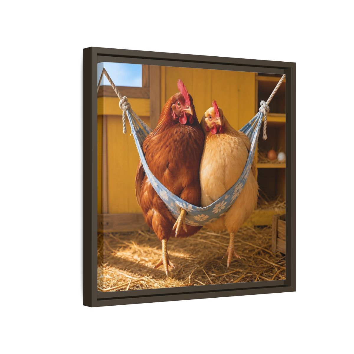 Side Mockup 14. Cozy Hammock Chickens shown as framed canvas print