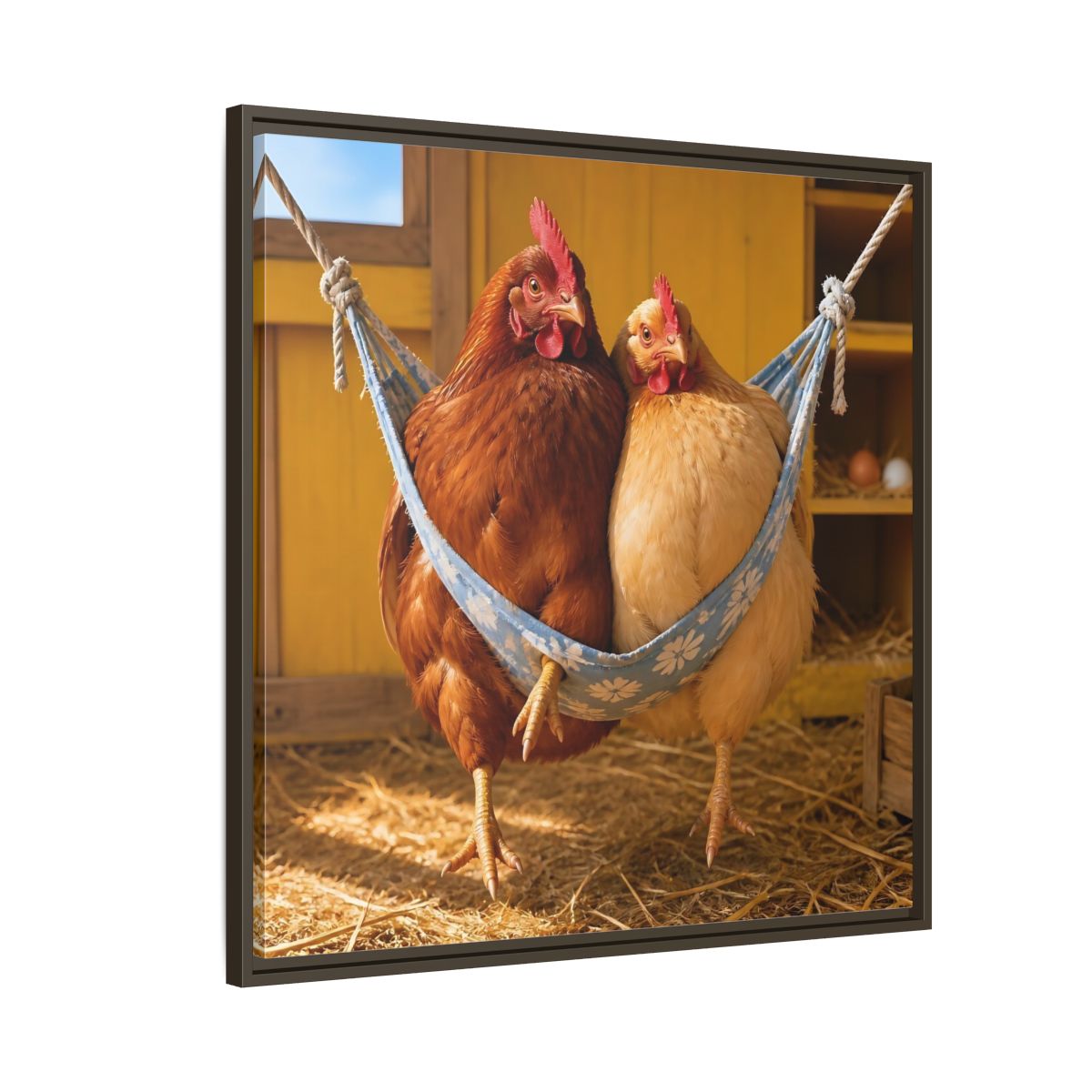Side Mockup 8. Cozy Hammock Chickens shown as framed canvas print