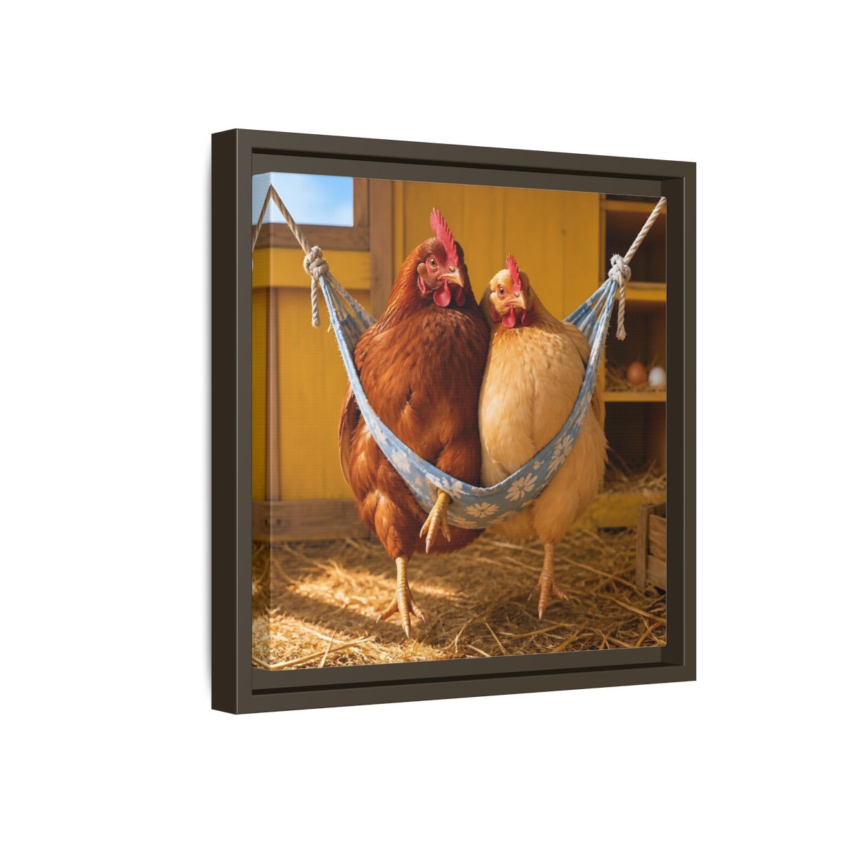 Side Mockup 17. Cozy Hammock Chickens shown as framed canvas print
