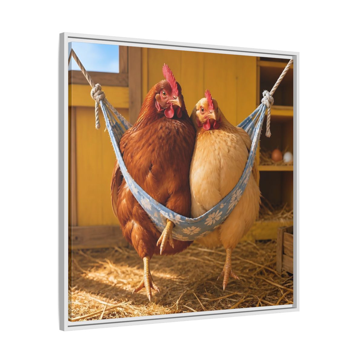 Side Mockup 25. Cozy Hammock Chickens shown as framed canvas print