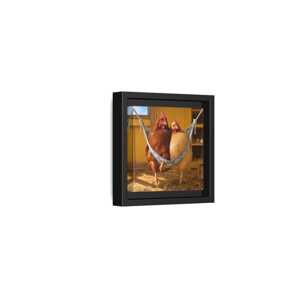 Side Mockup 24. Cozy Hammock Chickens shown as framed canvas print