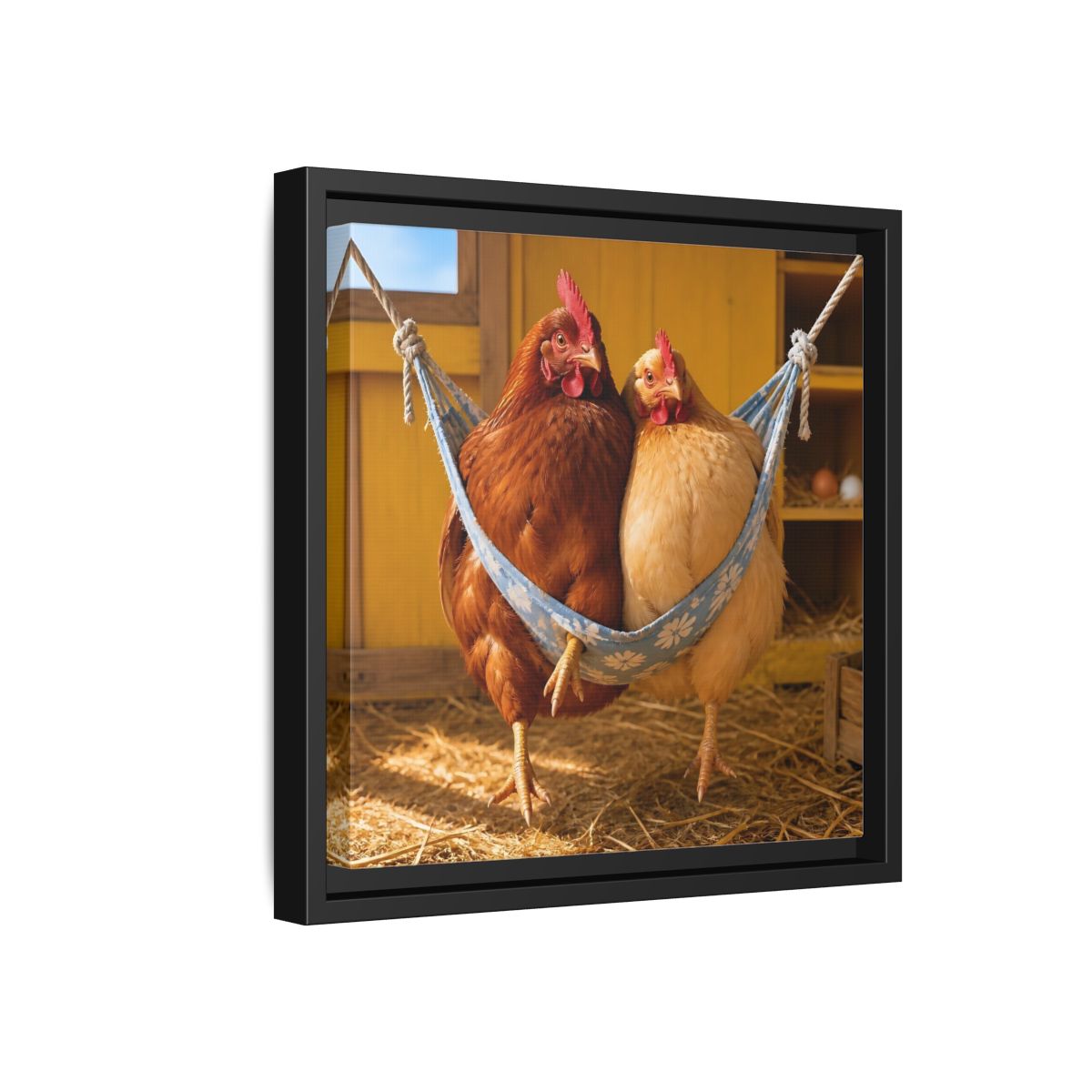 Side Mockup 18. Cozy Hammock Chickens shown as framed canvas print