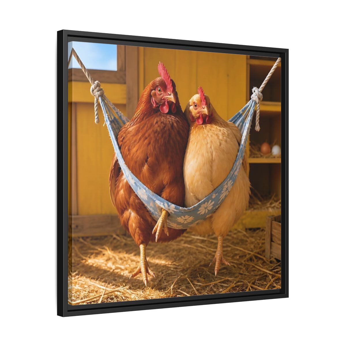 Side Mockup 31. Cozy Hammock Chickens shown as framed canvas print