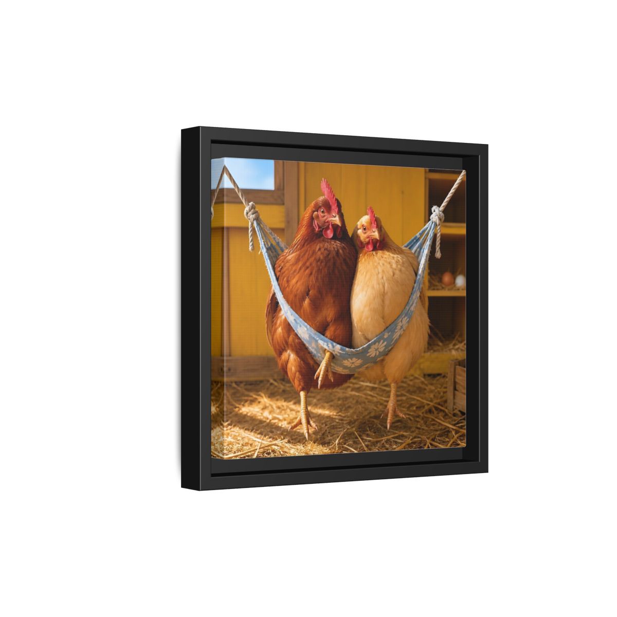Side Mockup 21. Cozy Hammock Chickens shown as framed canvas print