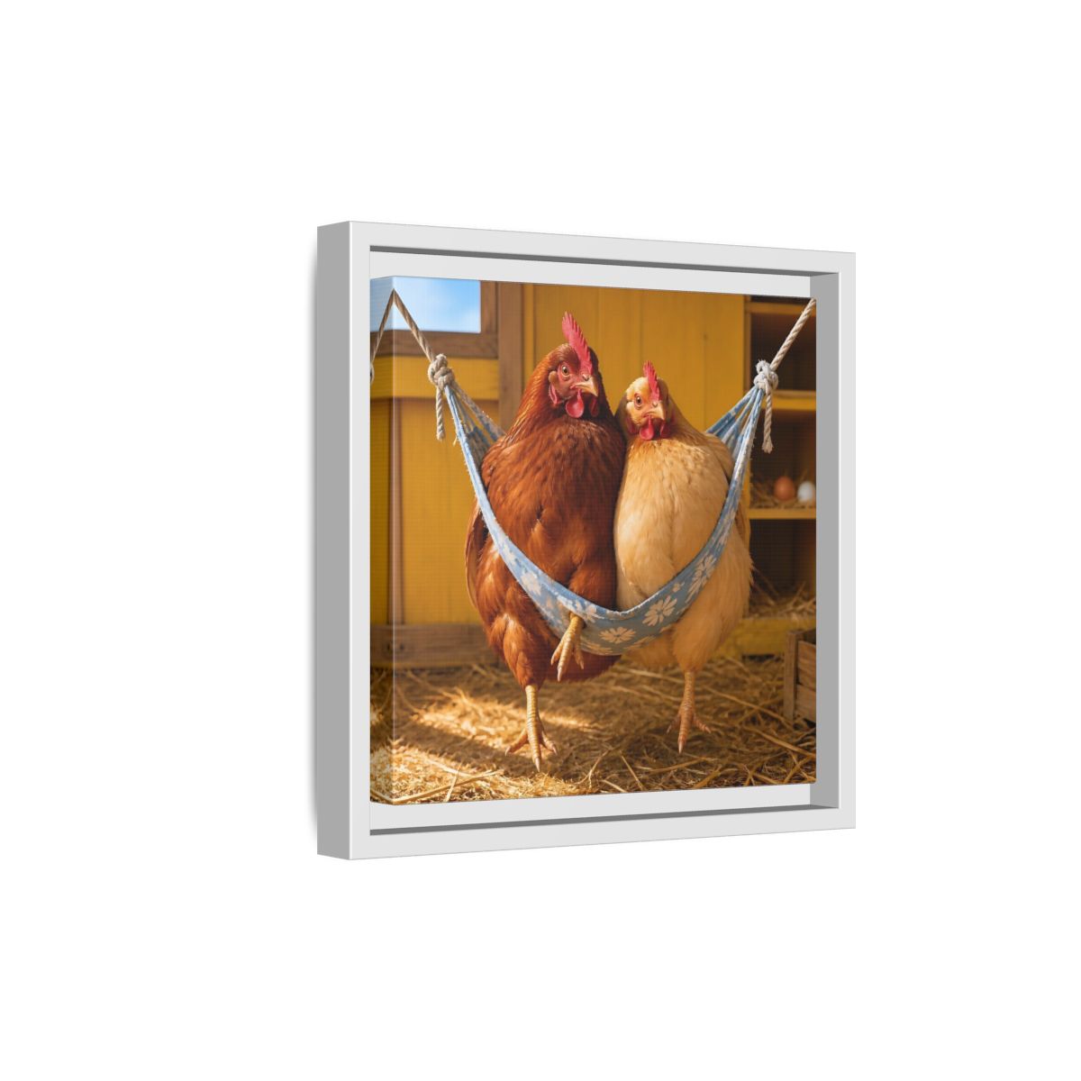 Side Mockup 19. Cozy Hammock Chickens shown as framed canvas print