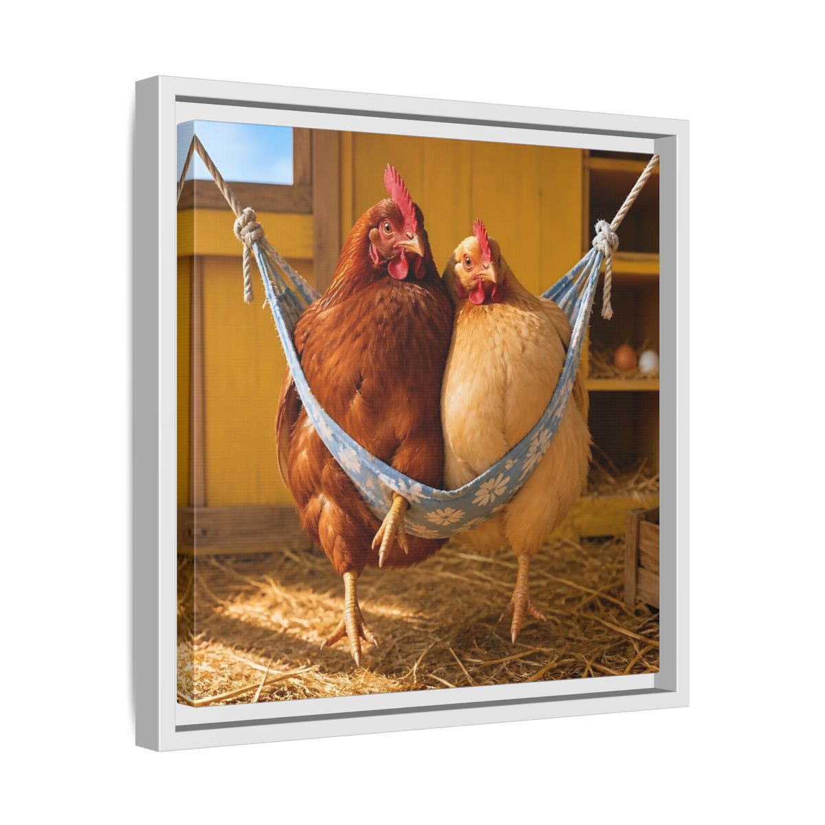 Side Mockup 28. Cozy Hammock Chickens shown as framed canvas print