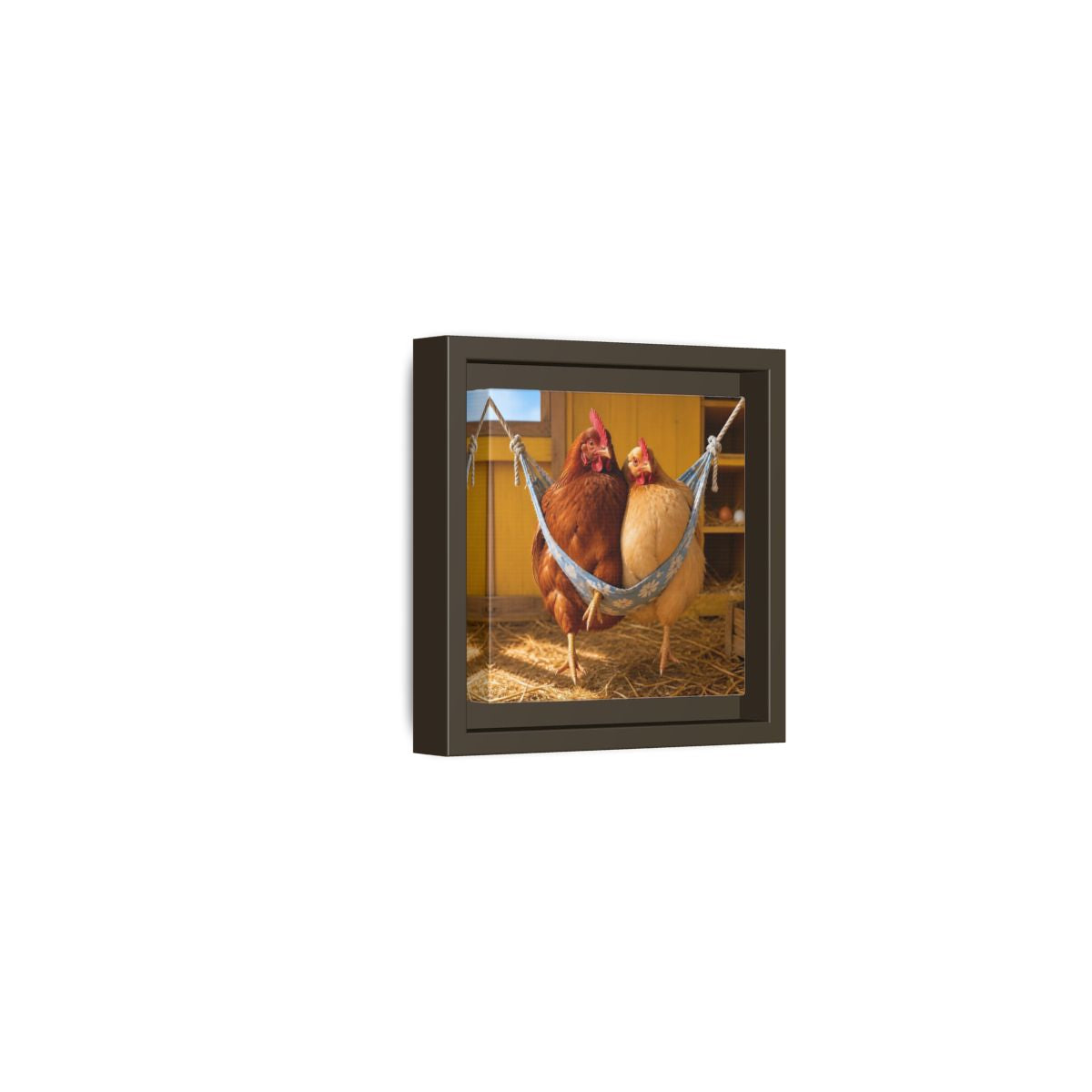 Side Mockup 23. Cozy Hammock Chickens shown as framed canvas print