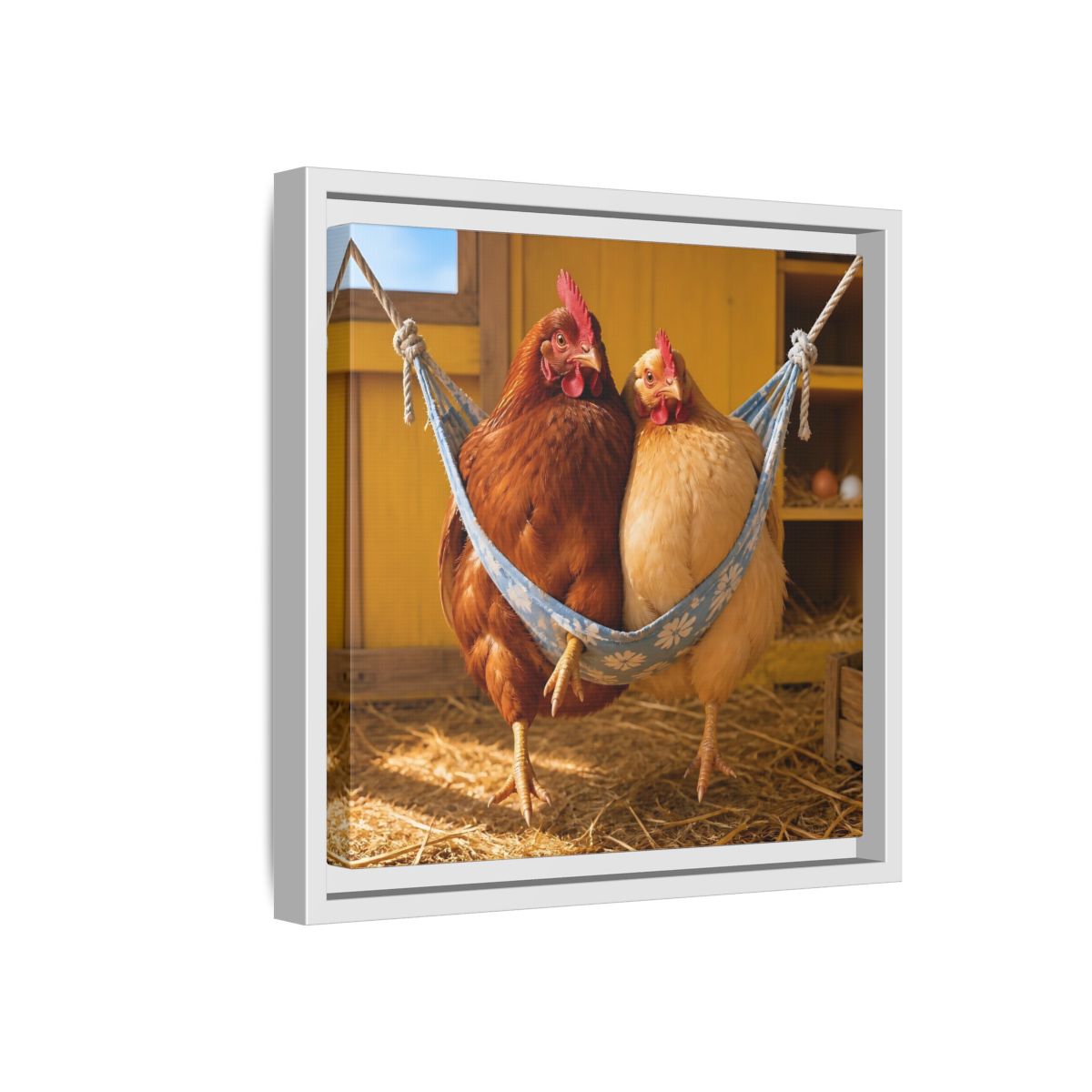 Side Mockup 16. Cozy Hammock Chickens shown as framed canvas print