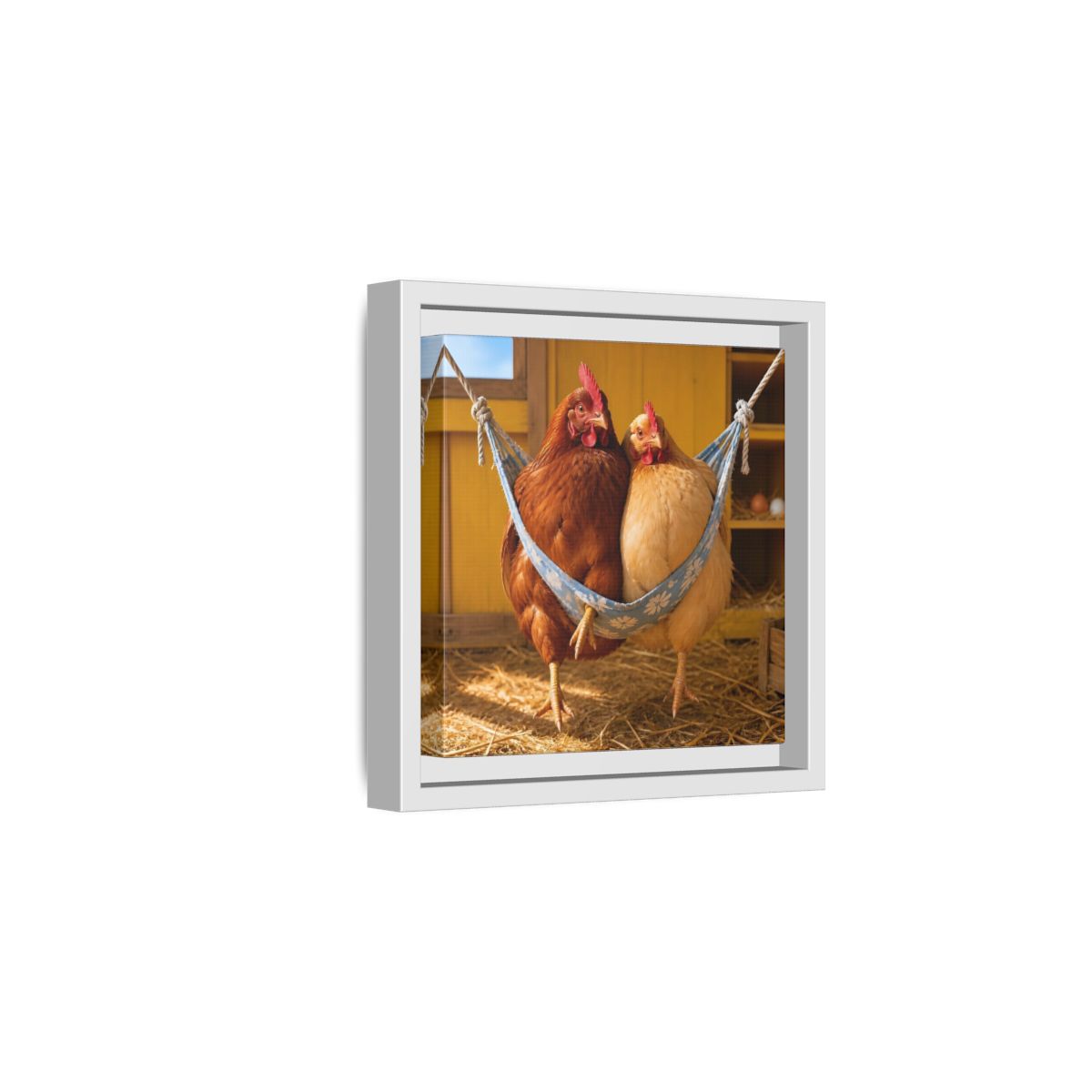 Side Mockup 1. Cozy Hammock Chickens shown as framed canvas print