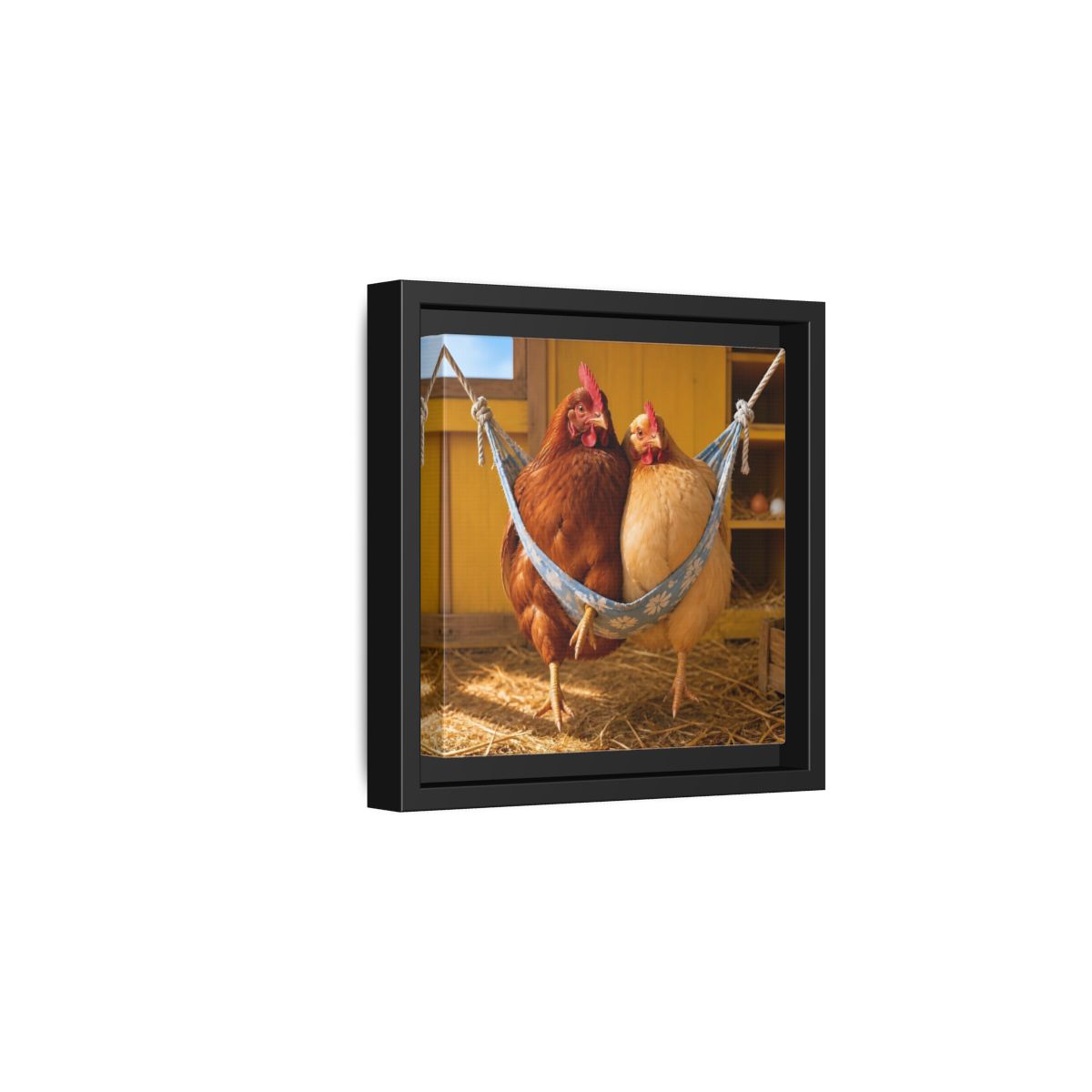 Side Mockup 3. Cozy Hammock Chickens shown as framed canvas print