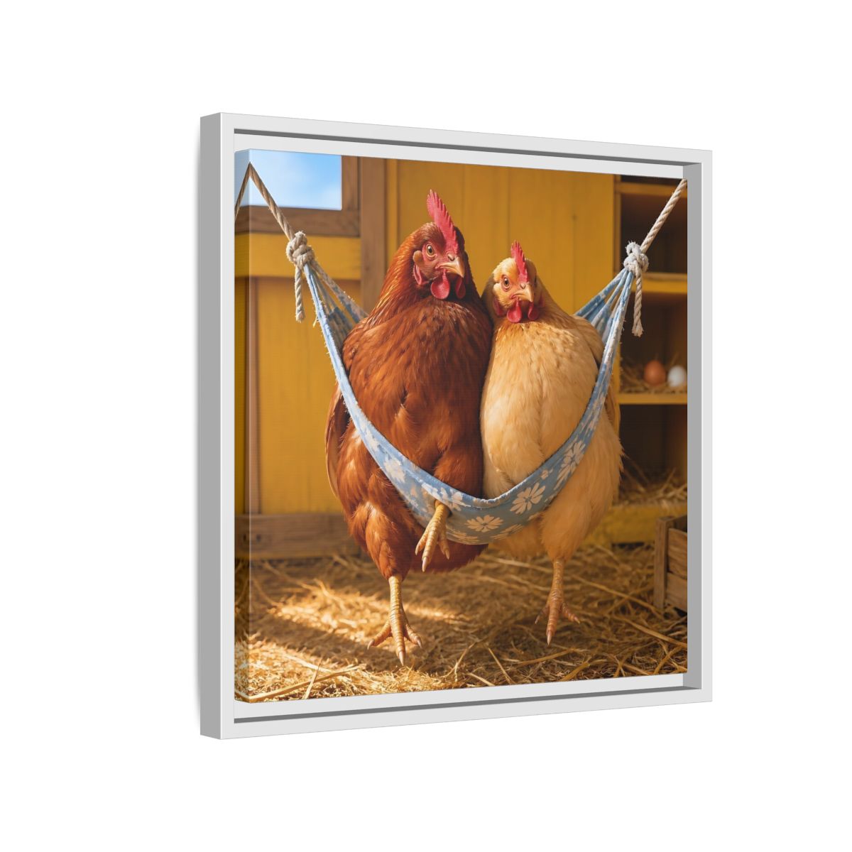 Side Mockup 13. Cozy Hammock Chickens shown as framed canvas print