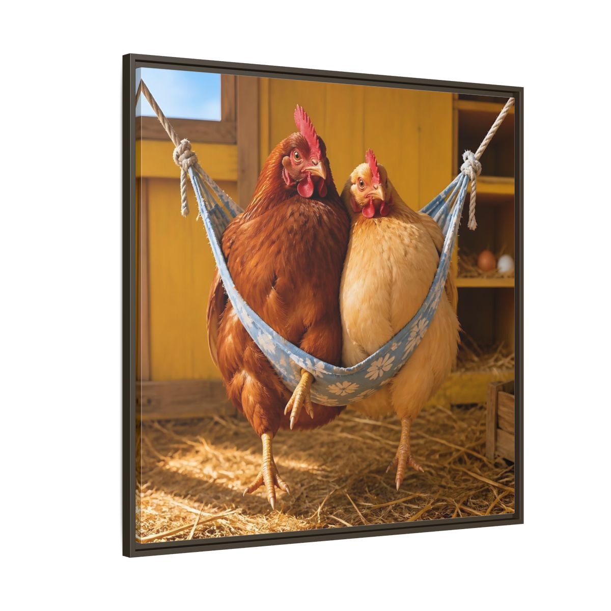 Side Mockup 5. Cozy Hammock Chickens shown as framed canvas print