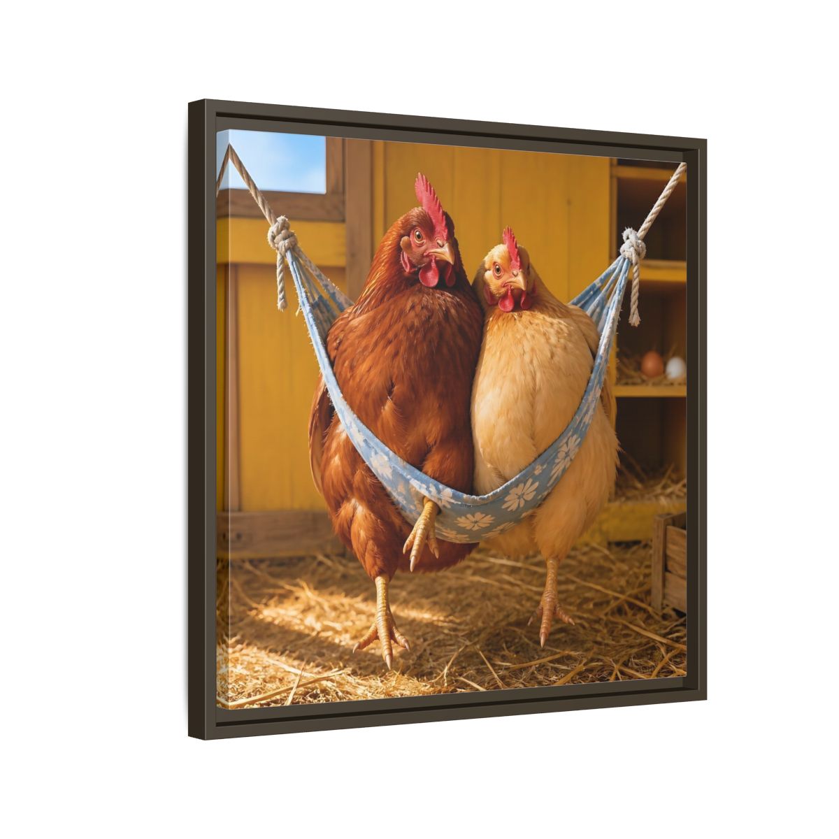 Side Mockup 11. Cozy Hammock Chickens shown as framed canvas print