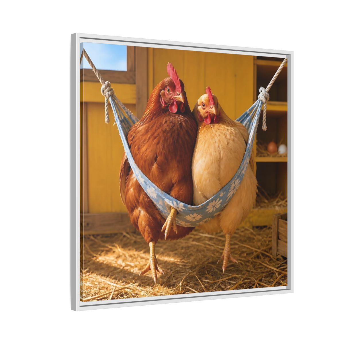 Side Mockup 7. Cozy Hammock Chickens shown as framed canvas print