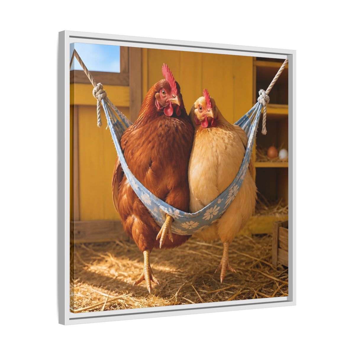Side Mockup 26. Cozy Hammock Chickens shown as framed canvas print