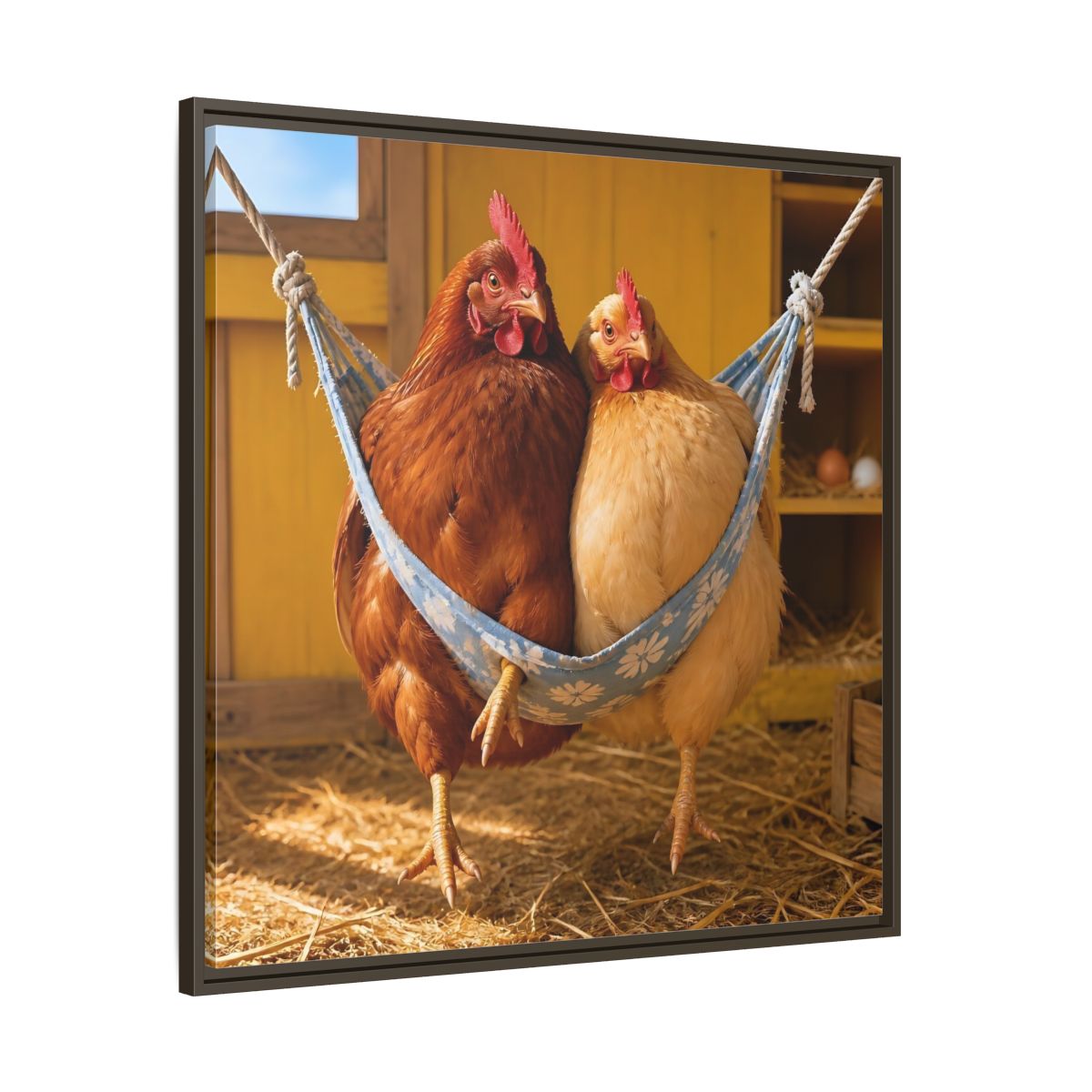 Main Mockup. Cozy Hammock Chickens shown as framed canvas print