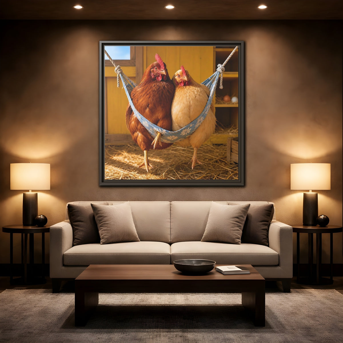 Mockup 2. Cozy Hammock Chickens shown as framed canvas print