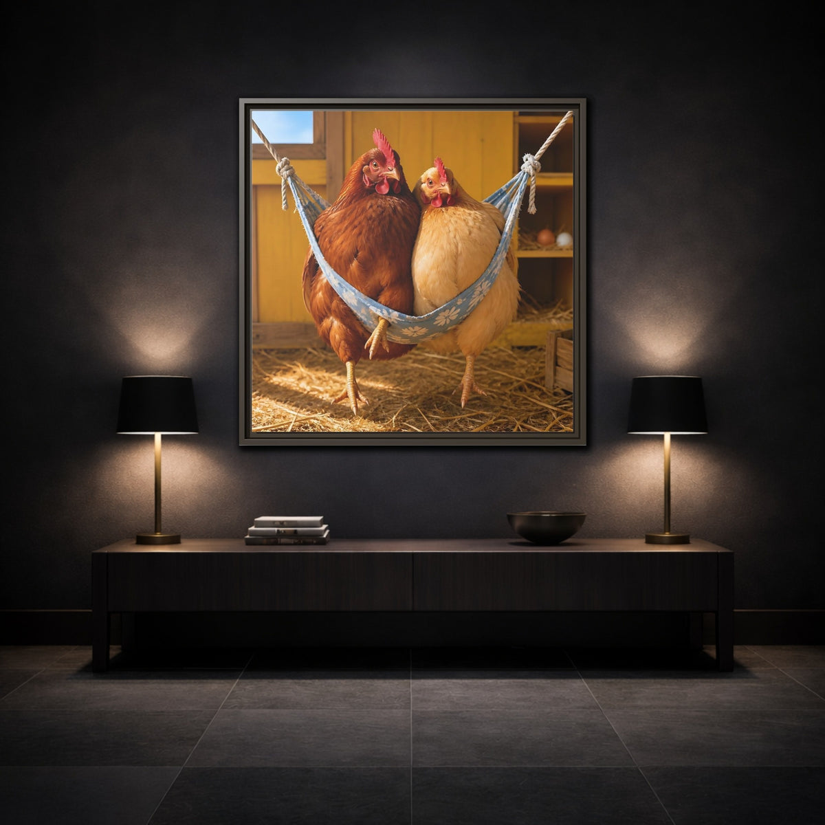 Mockup 3. Cozy Hammock Chickens shown as framed canvas print
