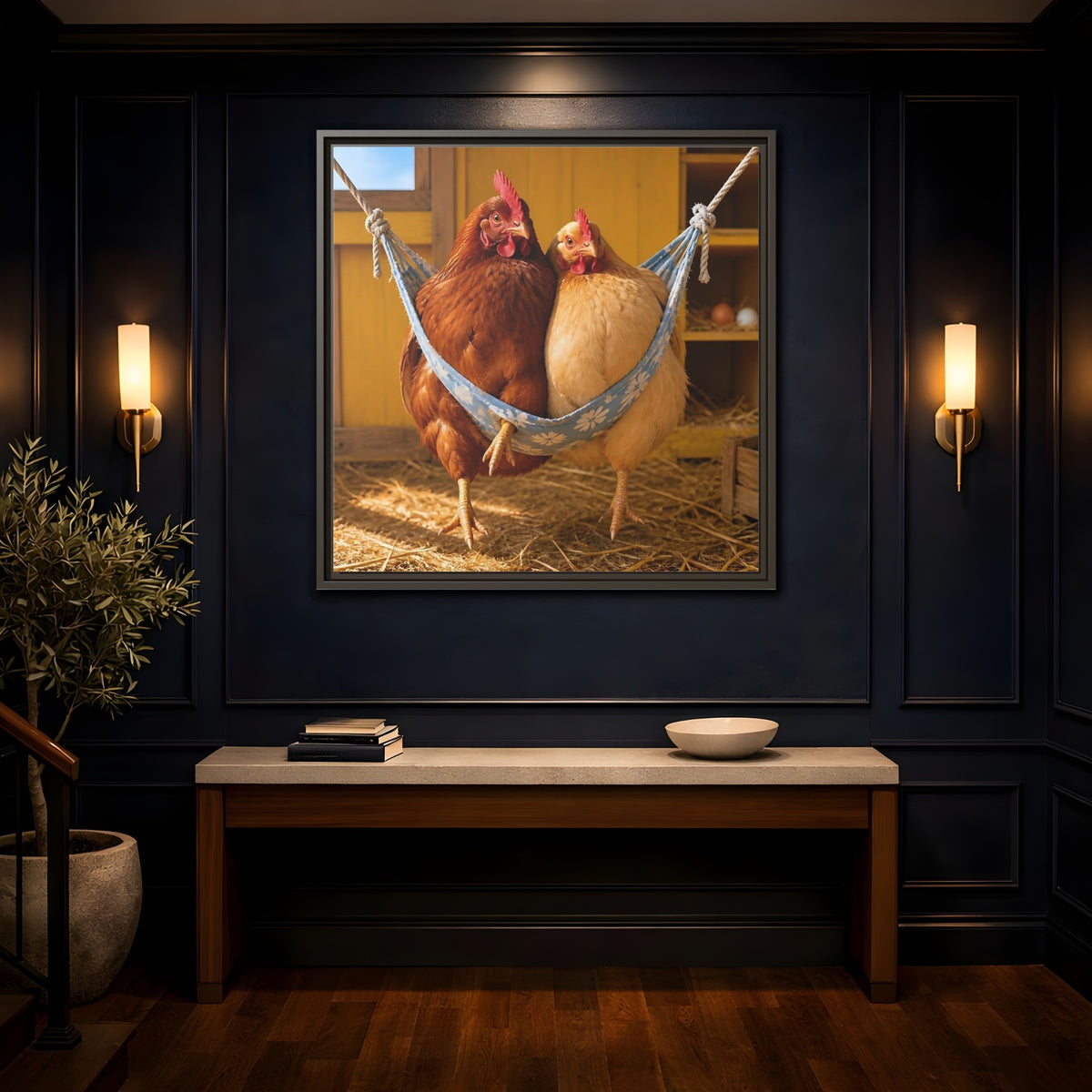Mockup 4. Cozy Hammock Chickens shown as framed canvas print