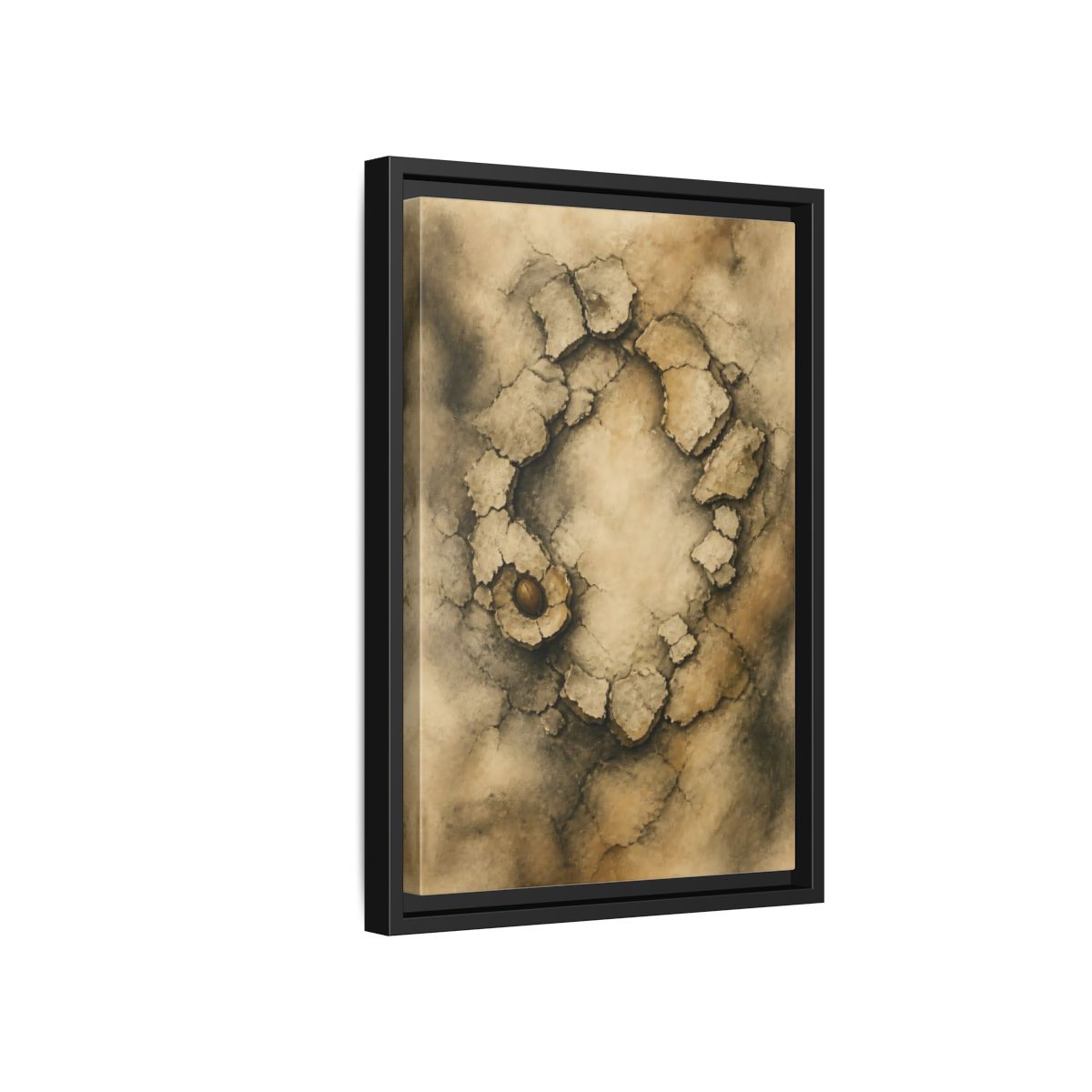 Side Mockup 6. Cracked Earth Circle shown as framed canvas print