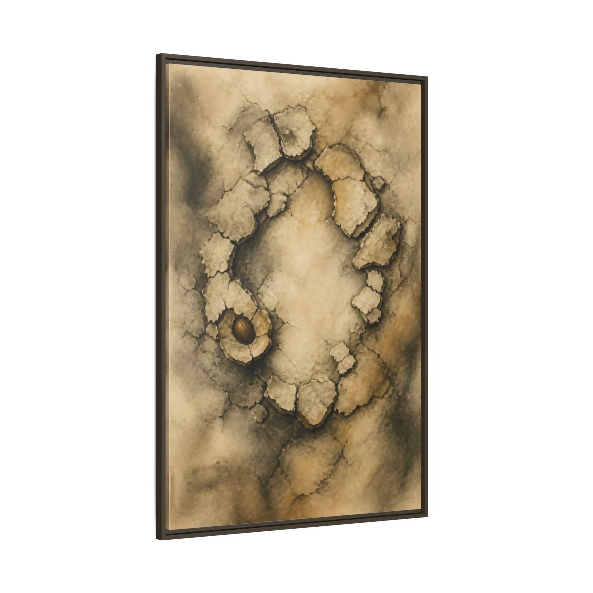 Side Mockup 8. Cracked Earth Circle shown as framed canvas print