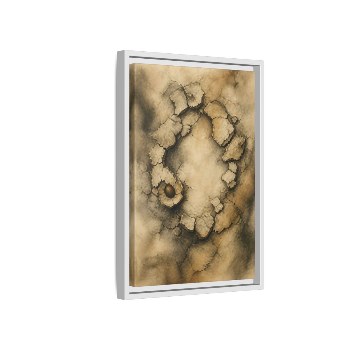 Side Mockup 4. Cracked Earth Circle shown as framed canvas print