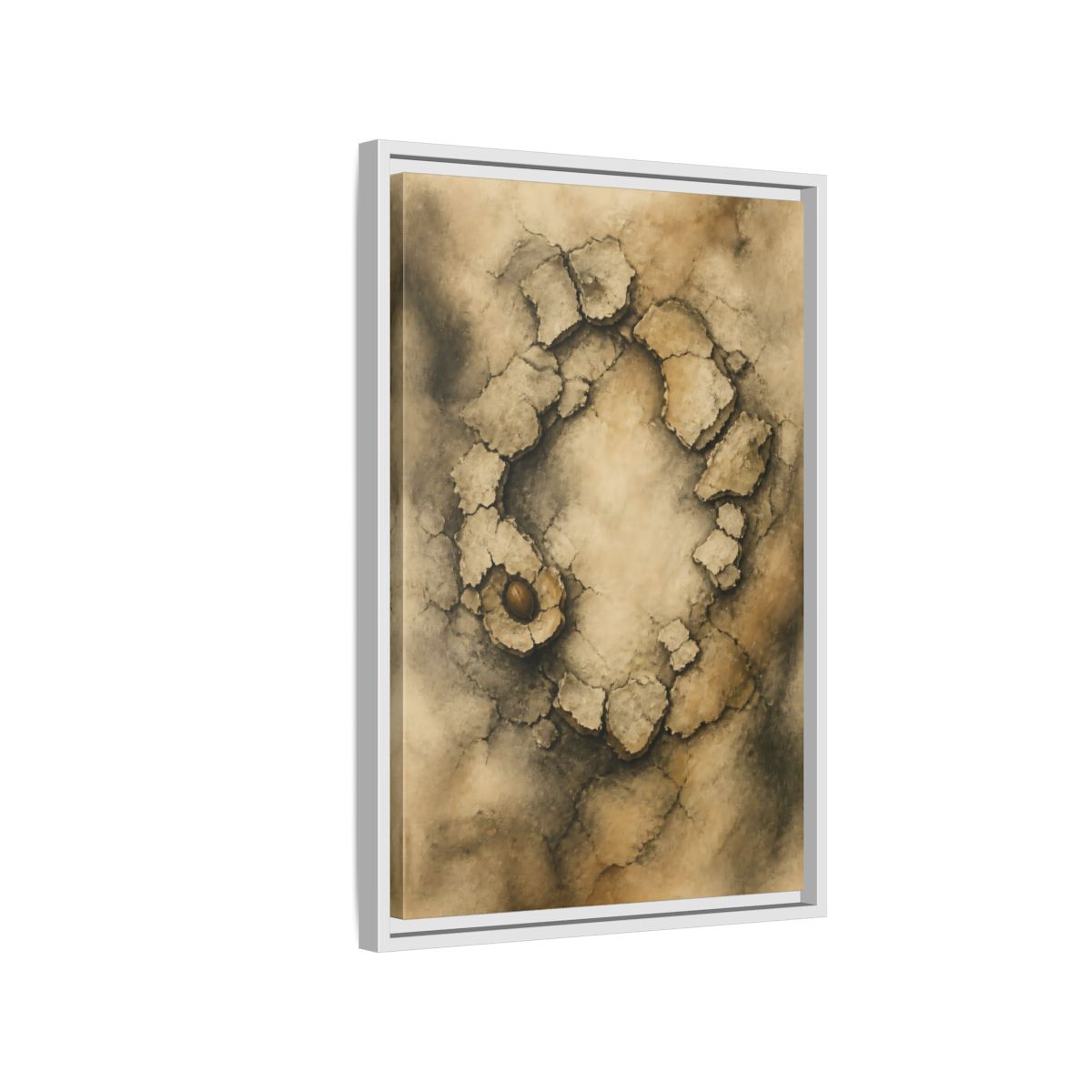 Side Mockup 1. Cracked Earth Circle shown as framed canvas print