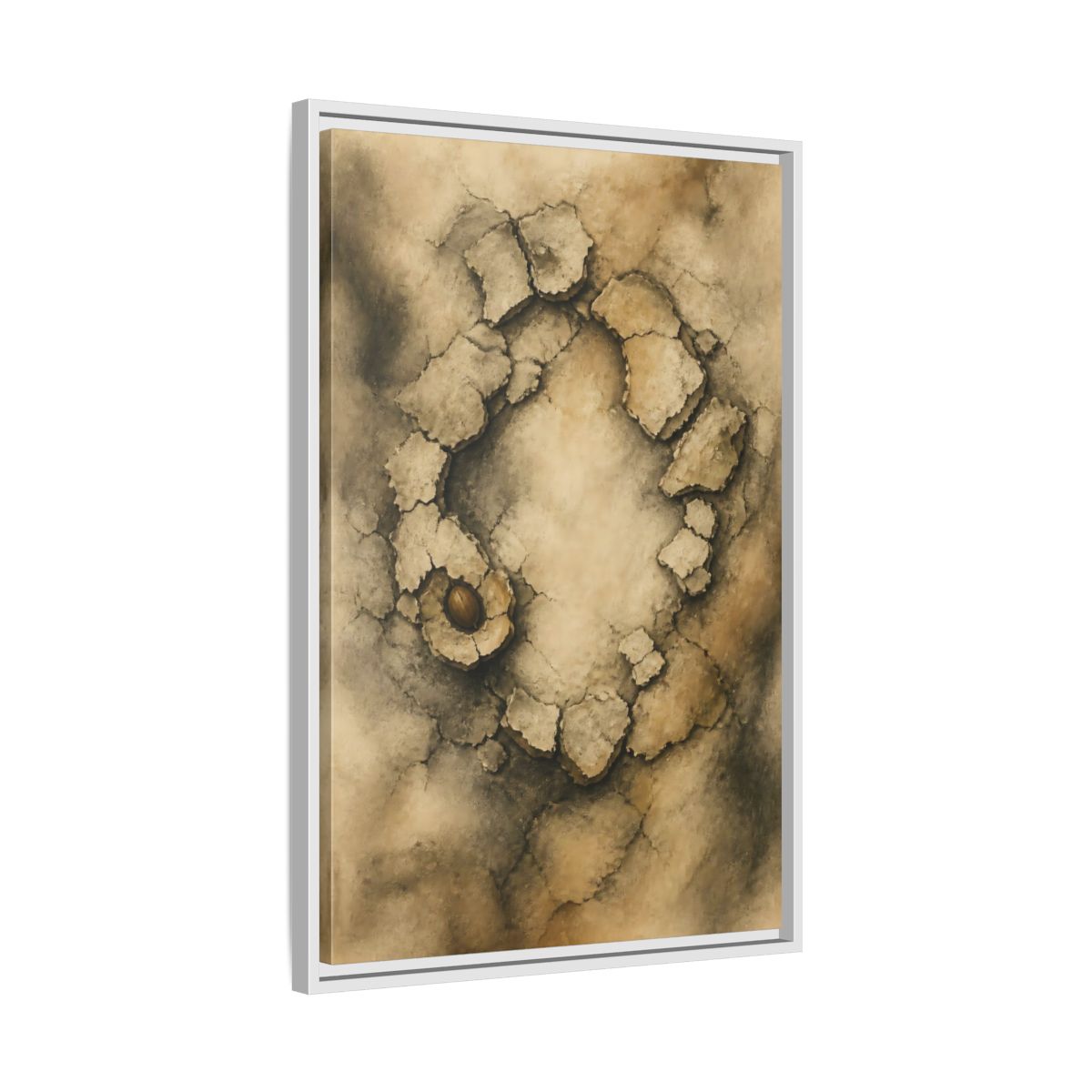 Side Mockup 10. Cracked Earth Circle shown as framed canvas print