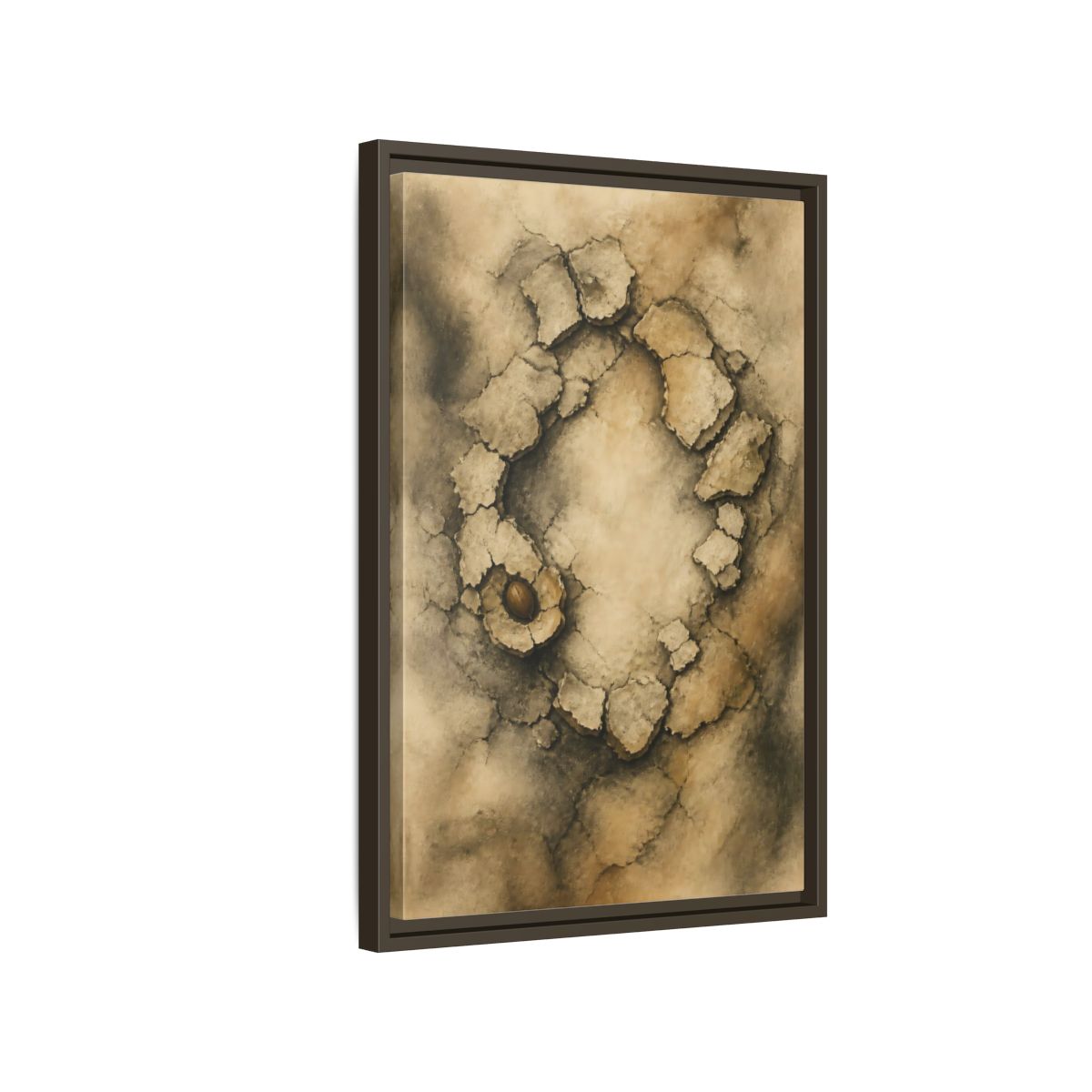 Side Mockup 2. Cracked Earth Circle shown as framed canvas print