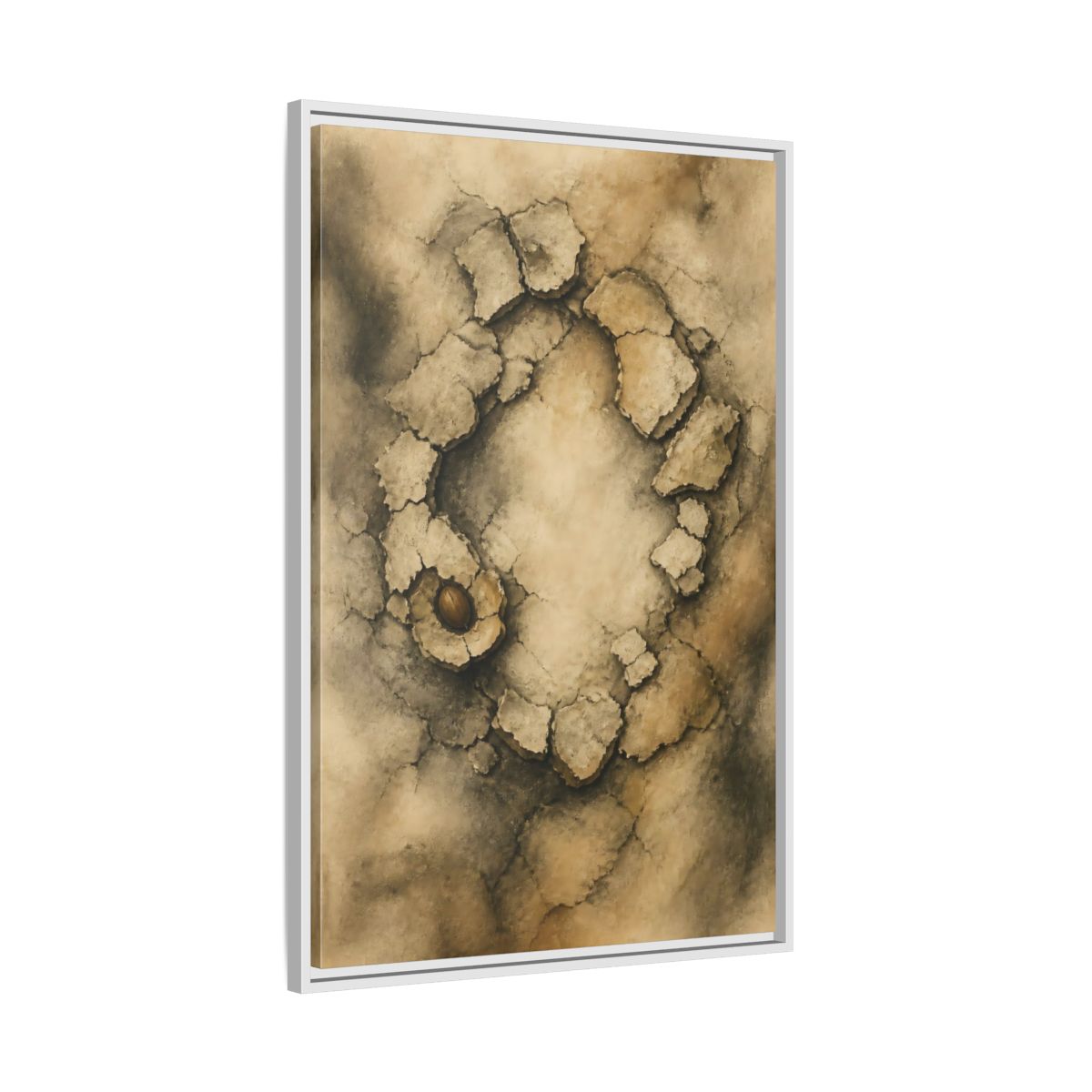 Side Mockup 9. Cracked Earth Circle shown as framed canvas print