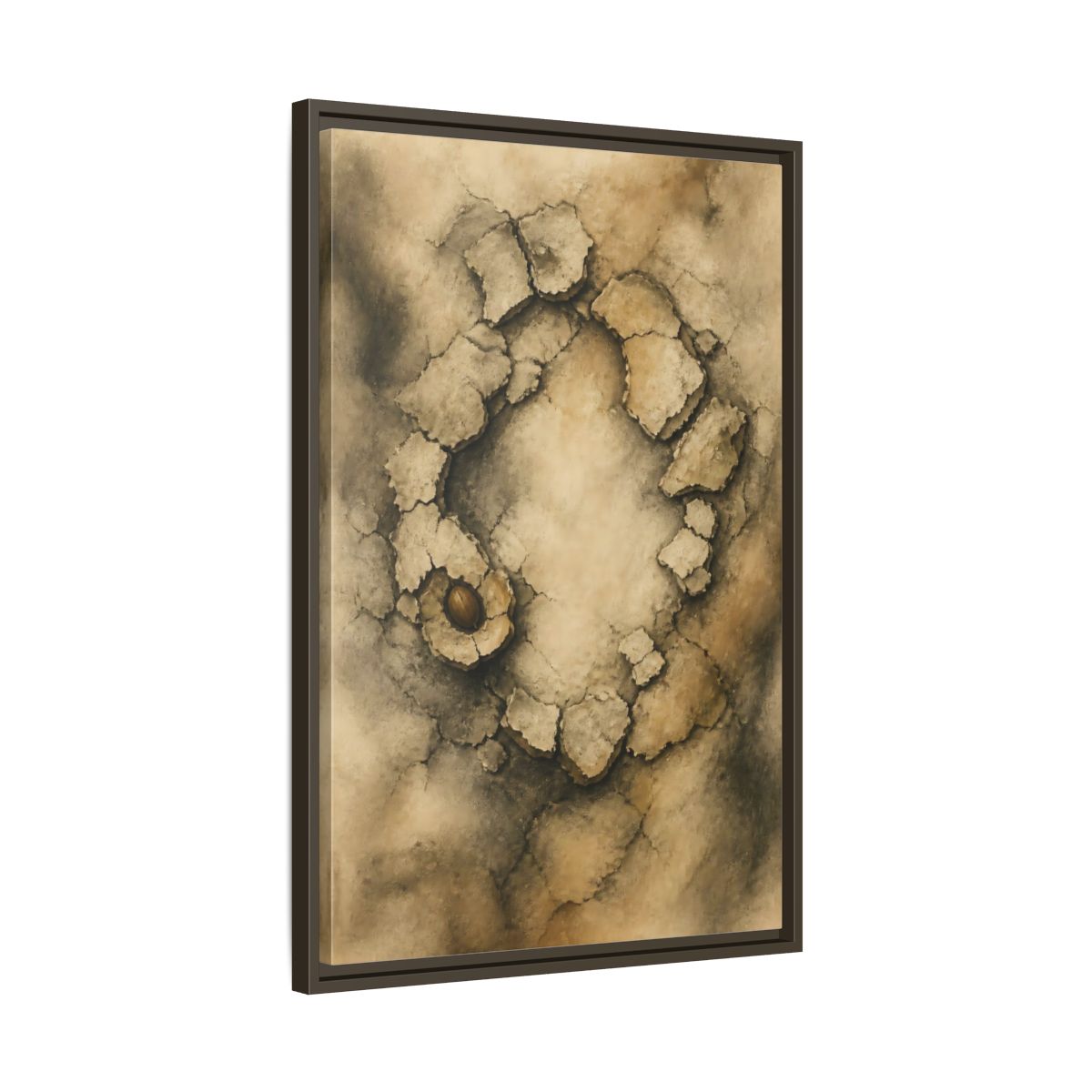 Side Mockup 11. Cracked Earth Circle shown as framed canvas print