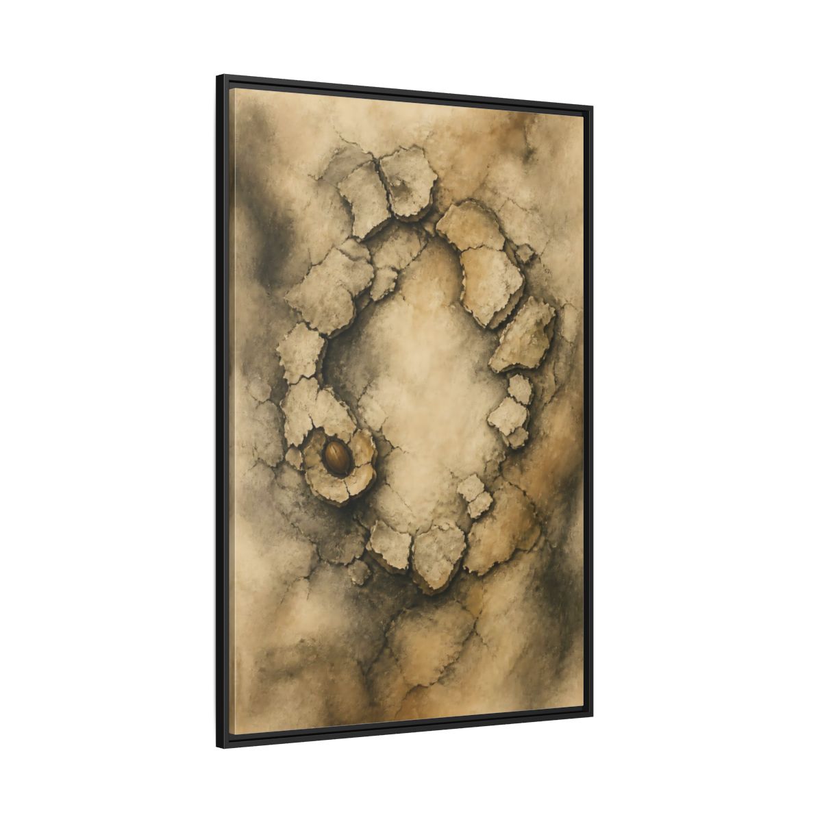 Side Mockup 12. Cracked Earth Circle shown as framed canvas print