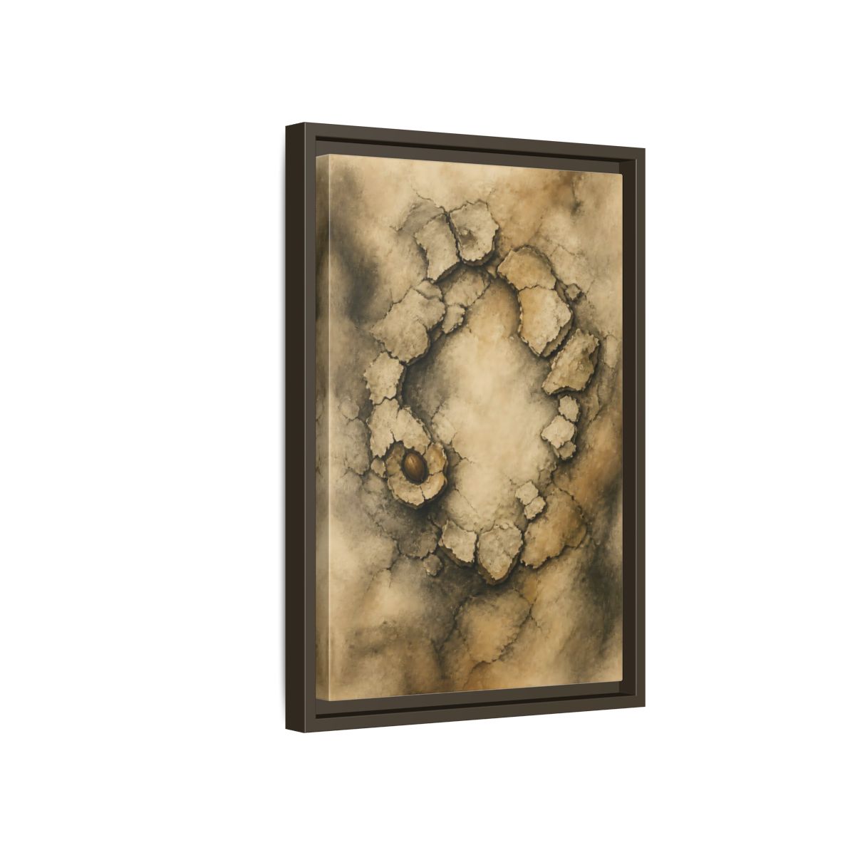 Side Mockup 5. Cracked Earth Circle shown as framed canvas print