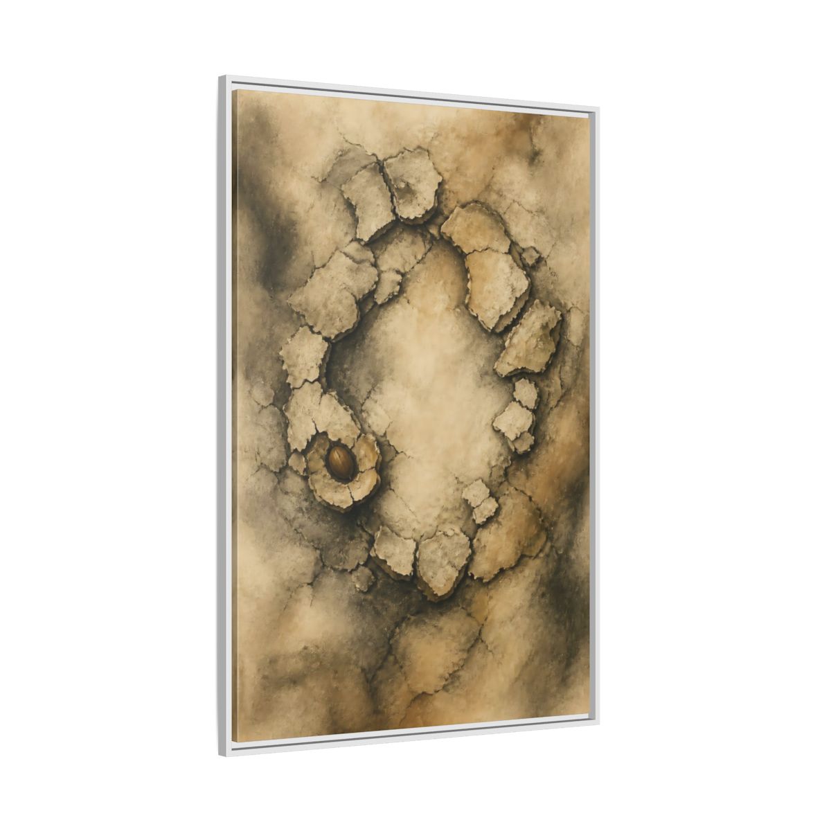 Side Mockup 7. Cracked Earth Circle shown as framed canvas print