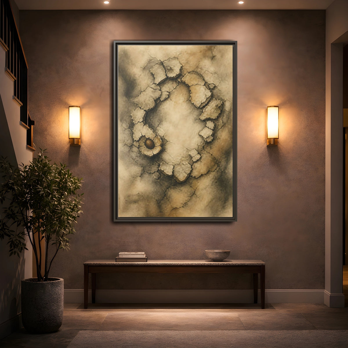 Mockup 2. Cracked Earth Circle shown as framed canvas print